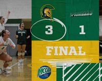 A graphic with the score of an MCC volleyball game against Delta College, where the Centurions won, 3-1. Pictures from the match border the score on the left and right.