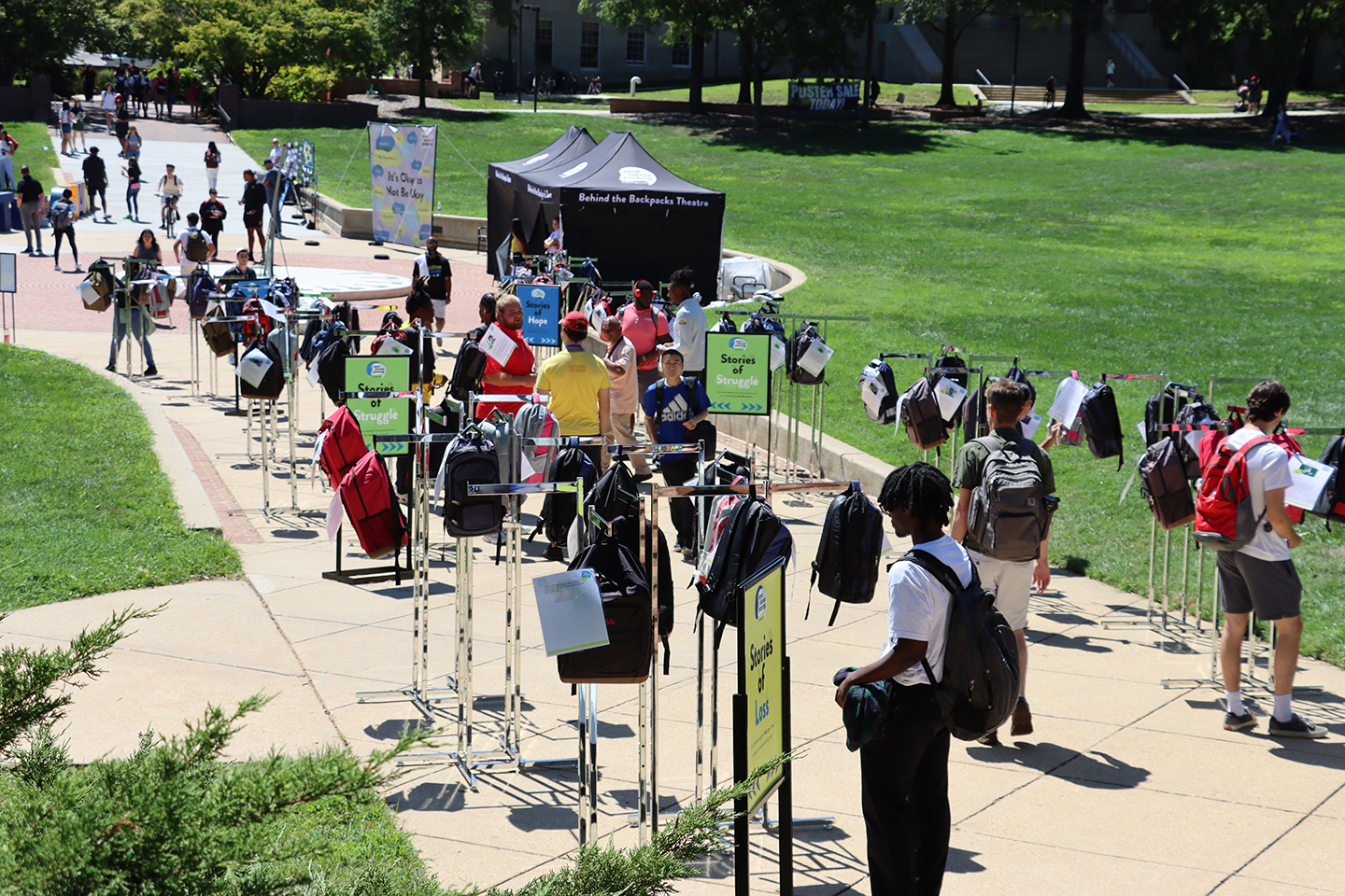 Photo of the "Send Silence Packing" Exhibit set up on a college campus. 