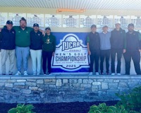 Centurion Men's Golf Team standing next to the NJCAA Division II Men's Golf Championship 2025 sign