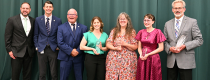 Award recipients and special guests at Montcalm Community College’s June 24 Centurion Awards Banquet include, from left, MCC President Dr. Bradley J. Barrick, State Rep. Pat Outman, State Sen. Rick Outman, Distinguished Alumni Award recipient Abilene A. Smith, Leslie K. Morford Faculty Recognition Award recipient Dr. Elizabeth Klooster, MCC Social Sciences Instructor Andrea Martin, who was recognized for achieving faculty tenure, and Distinguished Service Award recipient Ransom Leppink.