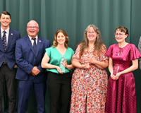 Award recipients and special guests at Montcalm Community College’s June 24 Centurion Awards Banquet include, from left, MCC President Dr. Bradley J. Barrick, State Rep. Pat Outman, State Sen. Rick Outman, Distinguished Alumni Award recipient Abilene A. Smith, Leslie K. Morford Faculty Recognition Award recipient Dr. Elizabeth Klooster, MCC Social Sciences Instructor Andrea Martin, who was recognized for achieving faculty tenure, and Distinguished Service Award recipient Ransom Leppink.