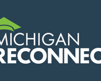 Image with dark blue background and white writing that says Michigan Reconnect.