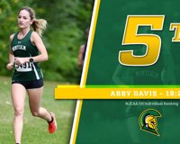 MCC women's cross country runner Abby Davis running on a course with words next to her: "5th - Abby Davis 19:21.1 NJCAA DII Individual Ranking"